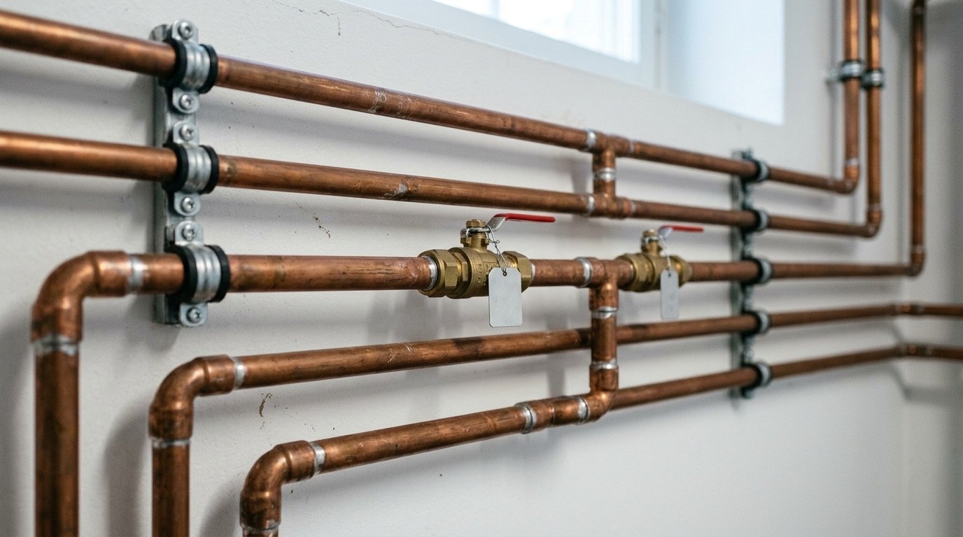 Close detail of neatly routed copper lines and labelled shutoff valves on a Nordmen installation